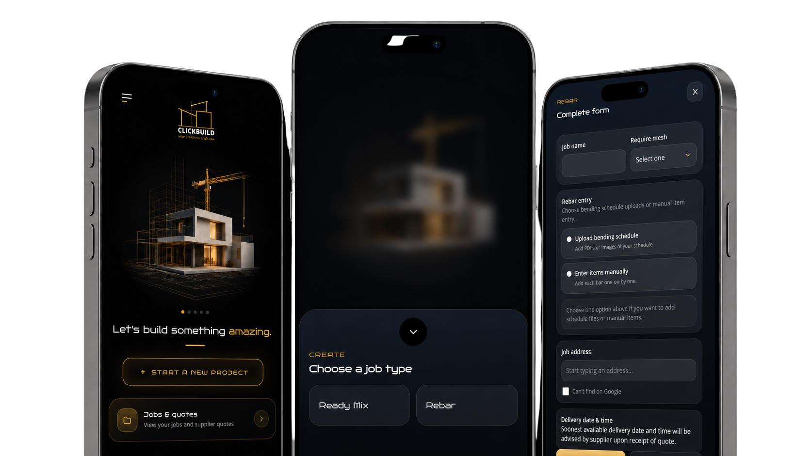 ClickBuild app showcasing job creation, rebar item entry, and supplier quote screens.