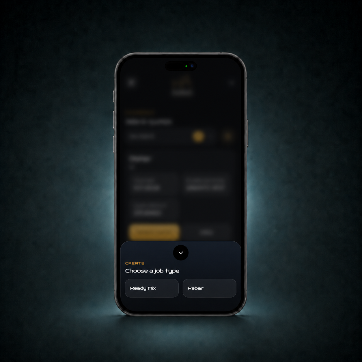 ClickBuild app screen for creating a ready-mix or rebar job.