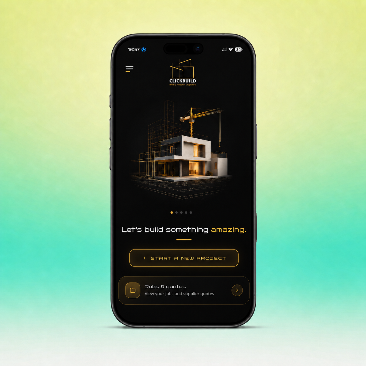 ClickBuild app showing organised construction jobs and quote request details.