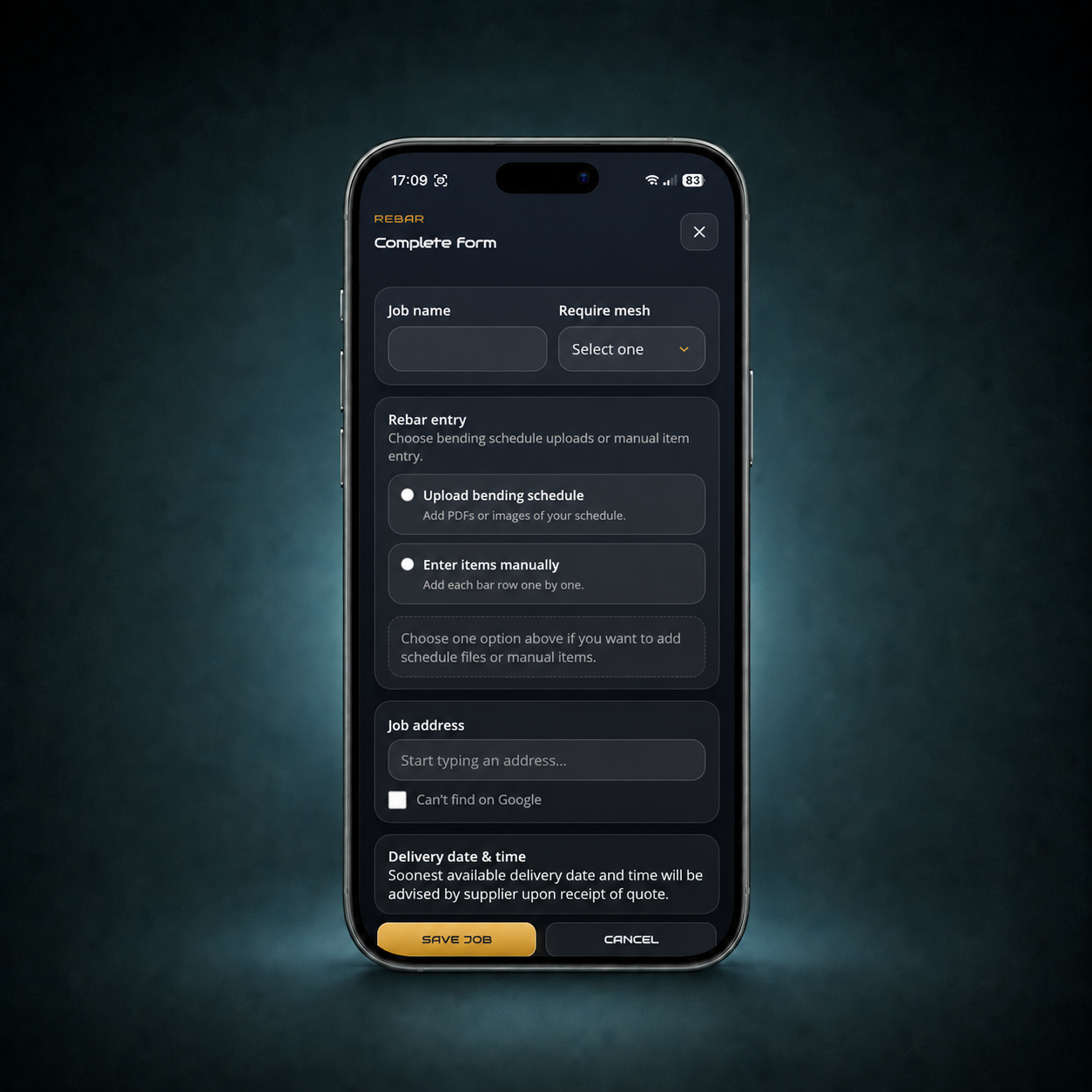 ClickBuild app screen for manually entering rebar requirements.